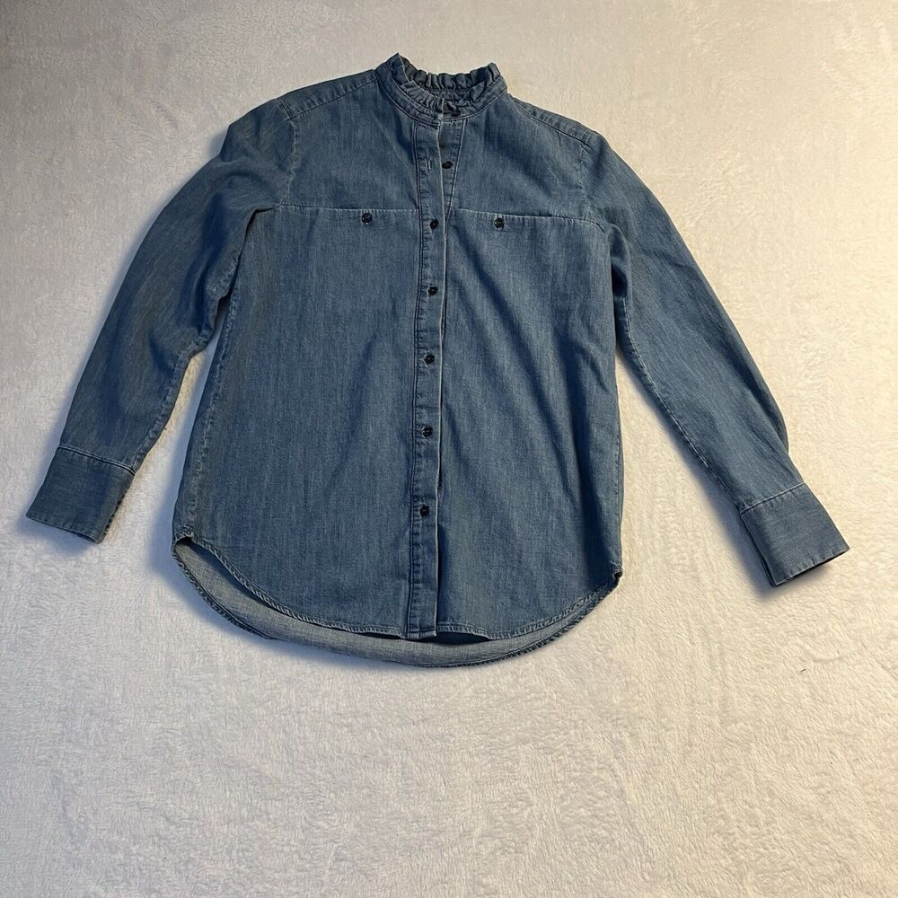 Paris Atelier Top Womens 4 Blue Denim Button Up Long Sleeve Ruffle Collar Preppy